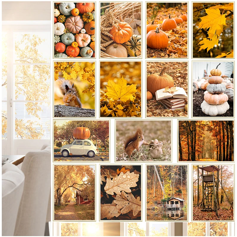 

Autumn Decoration Canvas Poster Yellow Leaves Fall View Wall Art Print Pumpkin Painting Halloween Picture Living Room Bedroom