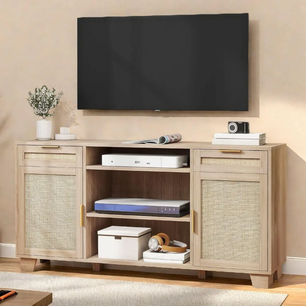 

YITAHME Rattan TV Stand for up to 65 Inch TVs, Boho Entertainment Center with Storage, TV Media Console with Drawers, Adjustabl