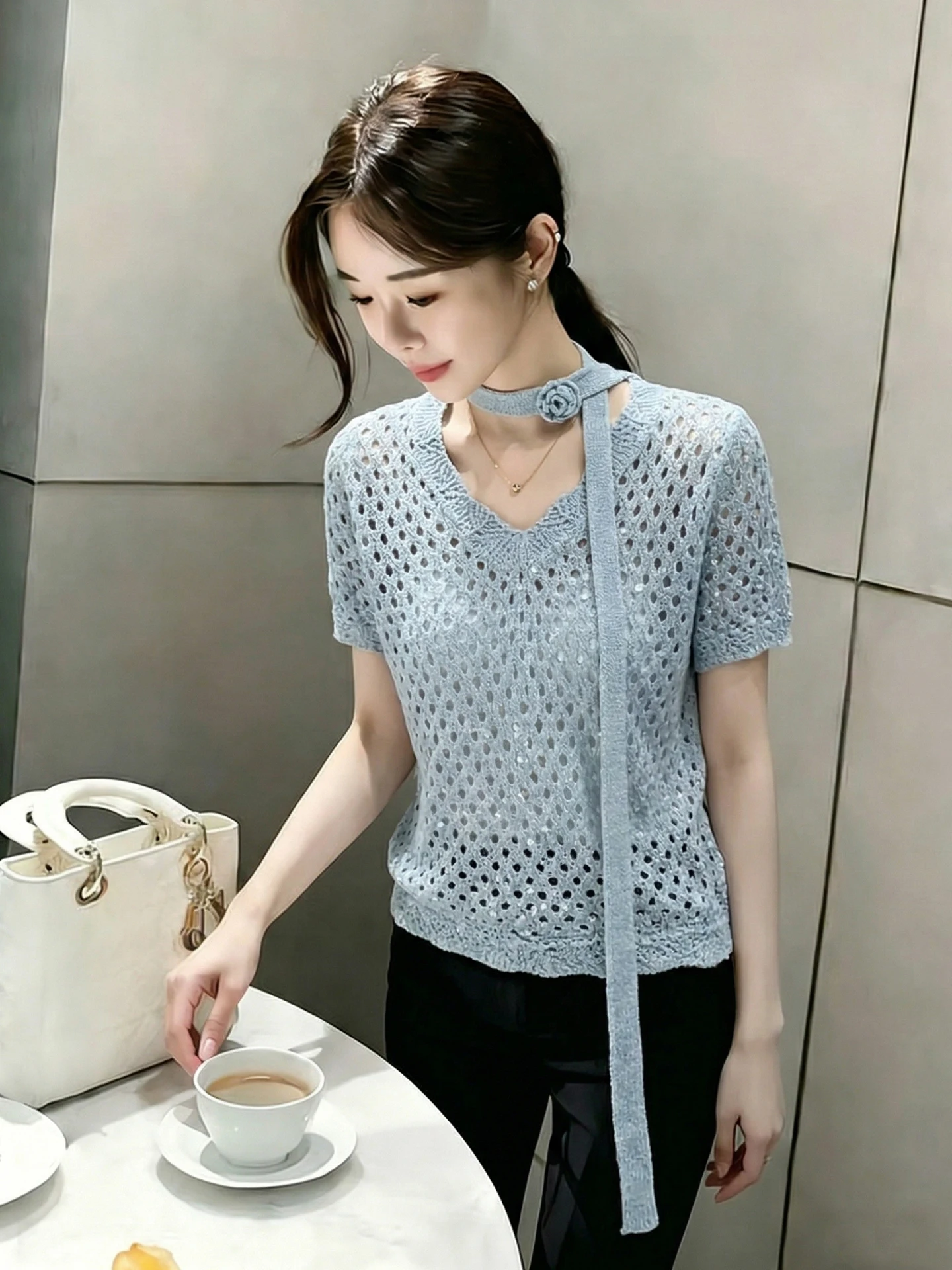 

Chic Summer Knitwear with Sash Design Hollow out Short Sleeve Korean Style Fashionable And Elegant Women's Straight Cut Top