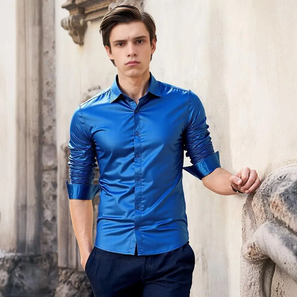 

Men's Satin Luxury Dress Shirts Fashion Silk Smooth Male Tuxedo Shirt Solid Wedding Party Prom Casual Shirt Business Office