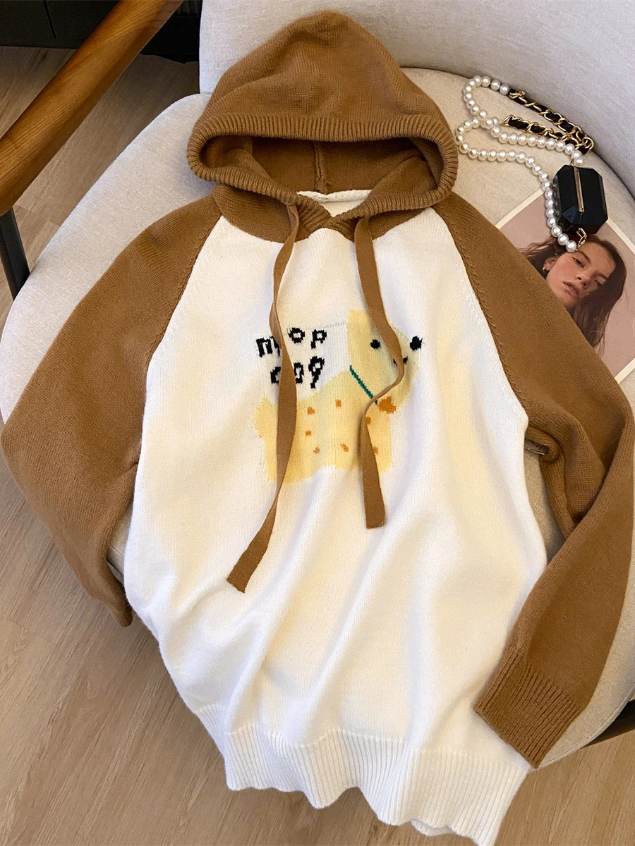 ゆったりフィット漫画犬柄パーカー スウェットシャツ ブルー色 ブルー 秋冬アウター 韓国風 ゆったりトップス レディースニットウェア