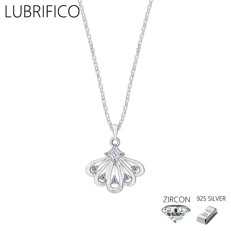 

925 Sterling Silver Pave AAA Zircon Fan-shaped Necklace Pendant For Women Fine Jewelry Wedding Party