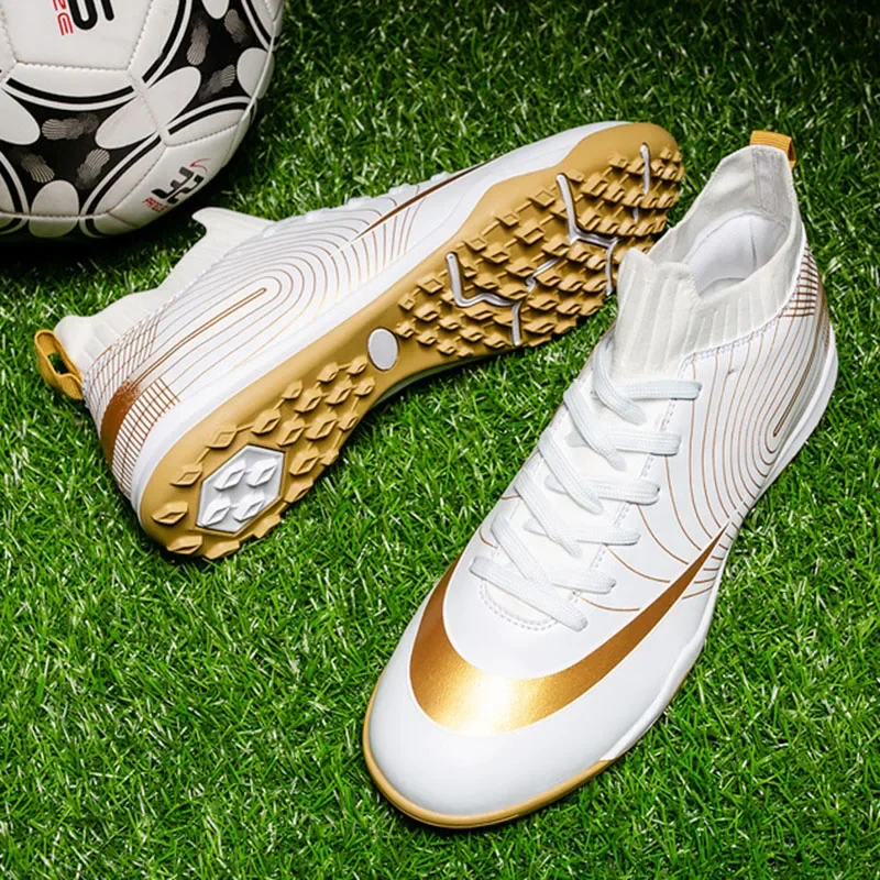 Gold Men Hot Sale Soccer Shoes Adult Kids Training Football Boots Outdoor Grass Soccer Cleats Anti skid Turf Futsal Shoes Men