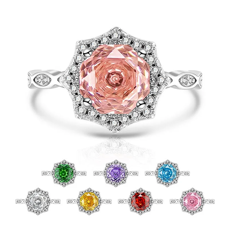 925 Sterling Silver Rose Millennium Cut Zircon Ring with Octagon Sparkling Base for Ladies Valentine's Day Gift