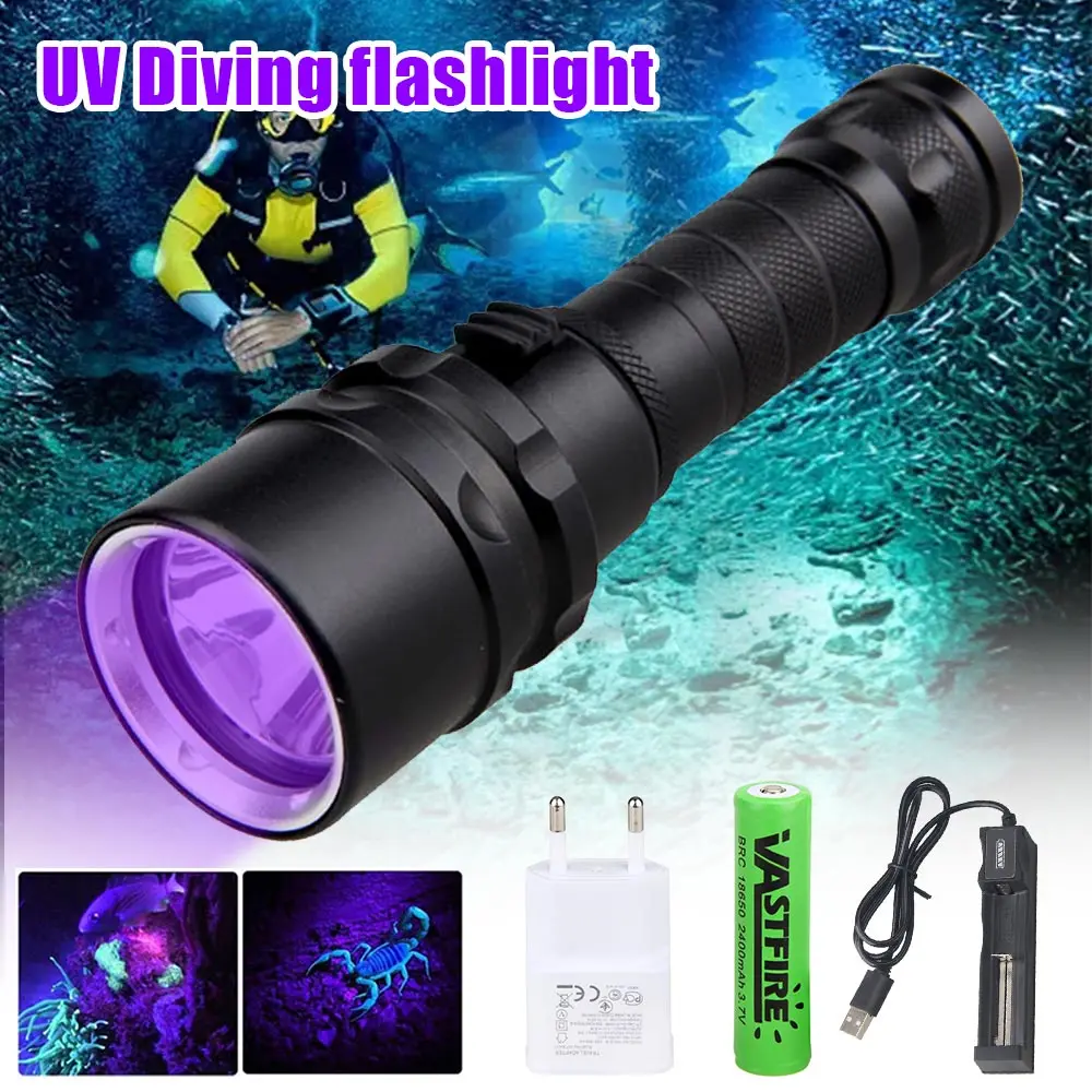 XPE UV 395nm Đỏ Phối Ánh Sáng Dưới Nước 100M Đèn LED Lặn Biển Đèn Pin 10W 365-395nm Đèn Pin + Pin 18650 + pin Sạc Dự Phòng