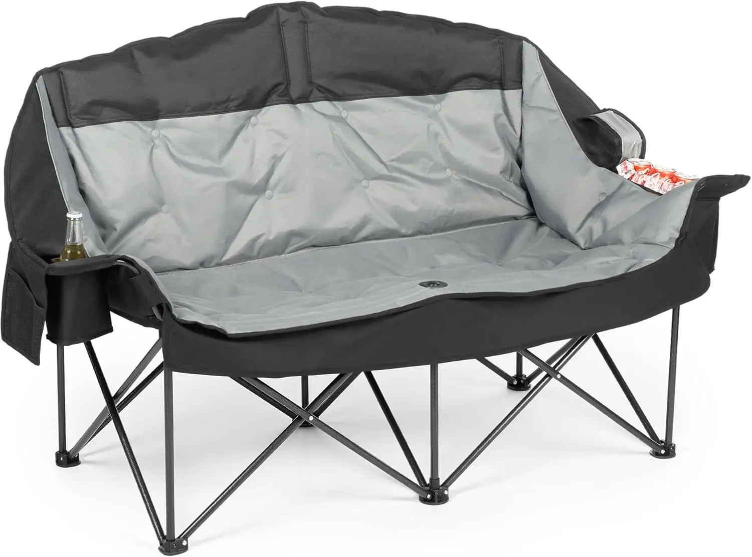 

Double XL Camping Chair for 2, Heavy Duty Folding Outdoor Loveseat, Supports 600 lbs, Black & Grey