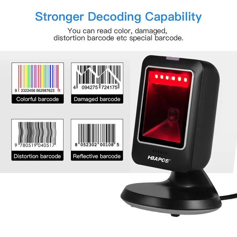 Escáner de código de barras 2D, lector de matriz de datos de detección automática de escritorio completo, lector de código de barras usb para