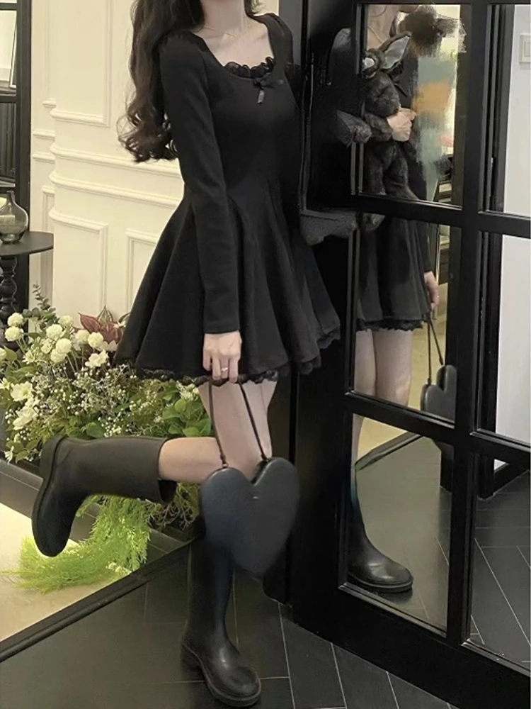 Bow Lace Patchwork Women Dress Solid Korean Fashion  Square Collar 2024 Style Long Sleeve Y2k Asehitic Elegant Basic