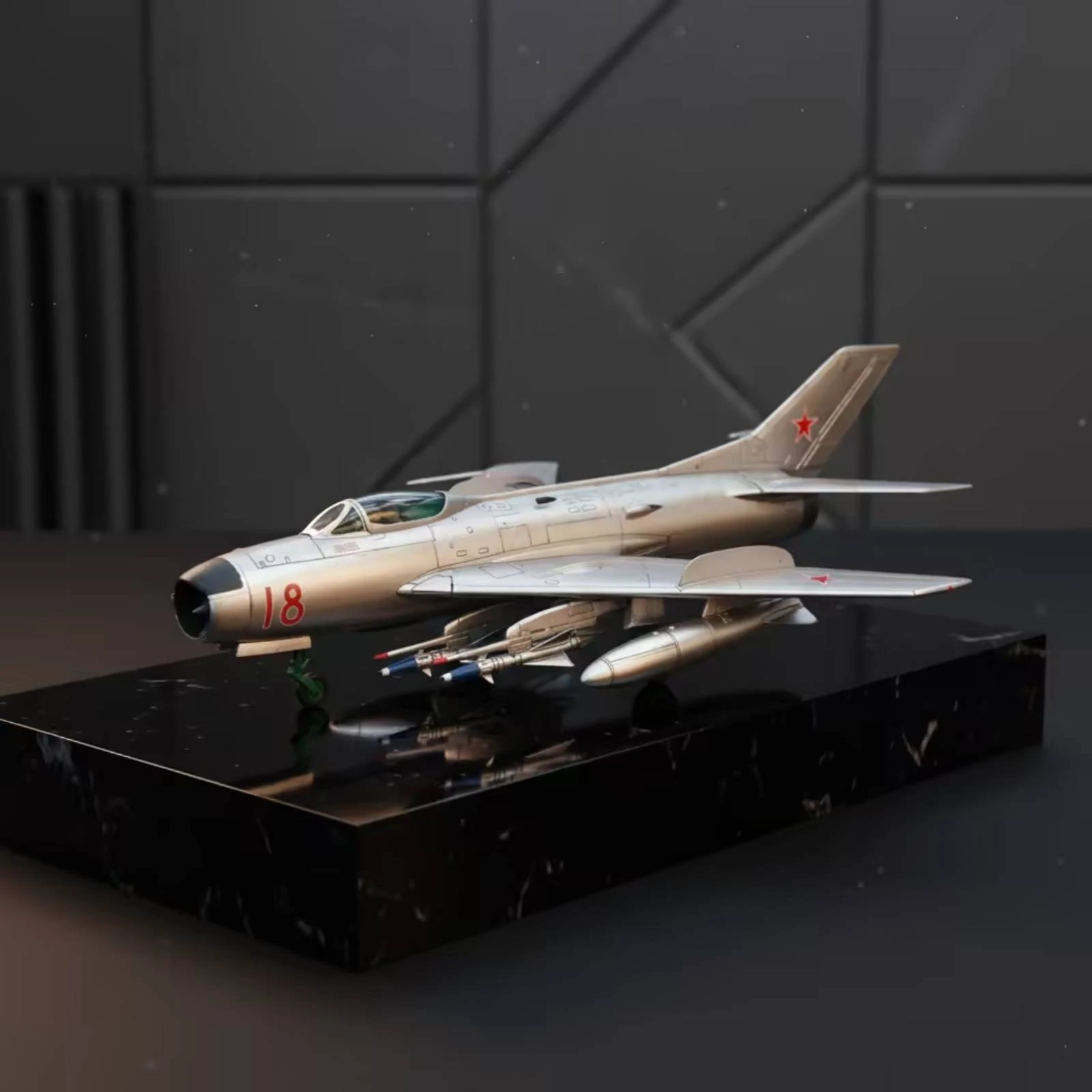 MiG-19PM Model Collectible Soviet Fighter Model Die-Cast Jet with Missiles Assembled Silver-Toned for Collectors, Office