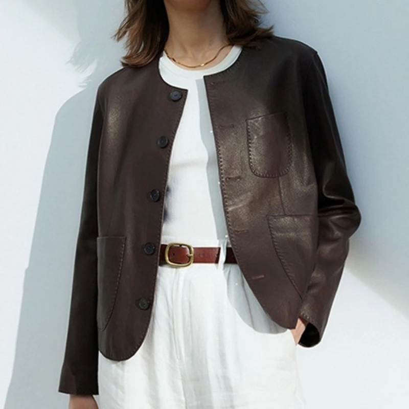 

Women's Autumn Clothing High Quality Sheepskin Casual O-Neck Single-Breasted Coffee Litchi Stria Genuine Leather Jacket 2025