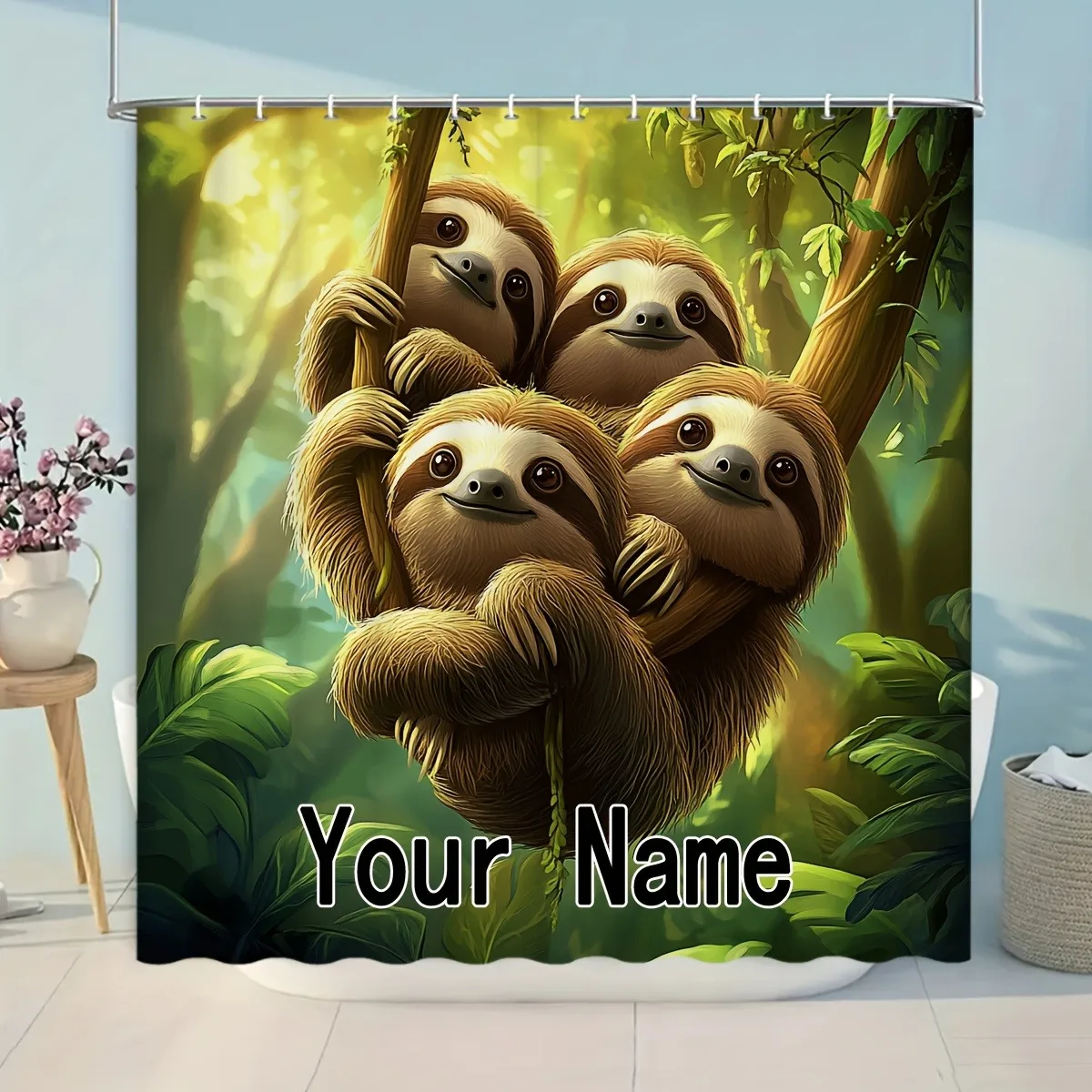 

Настраиваемая занавеска для душа с крючками, простая в установке, изготовлена из полиэфирной ткани и поддерживает персонализированную текстовую печать.