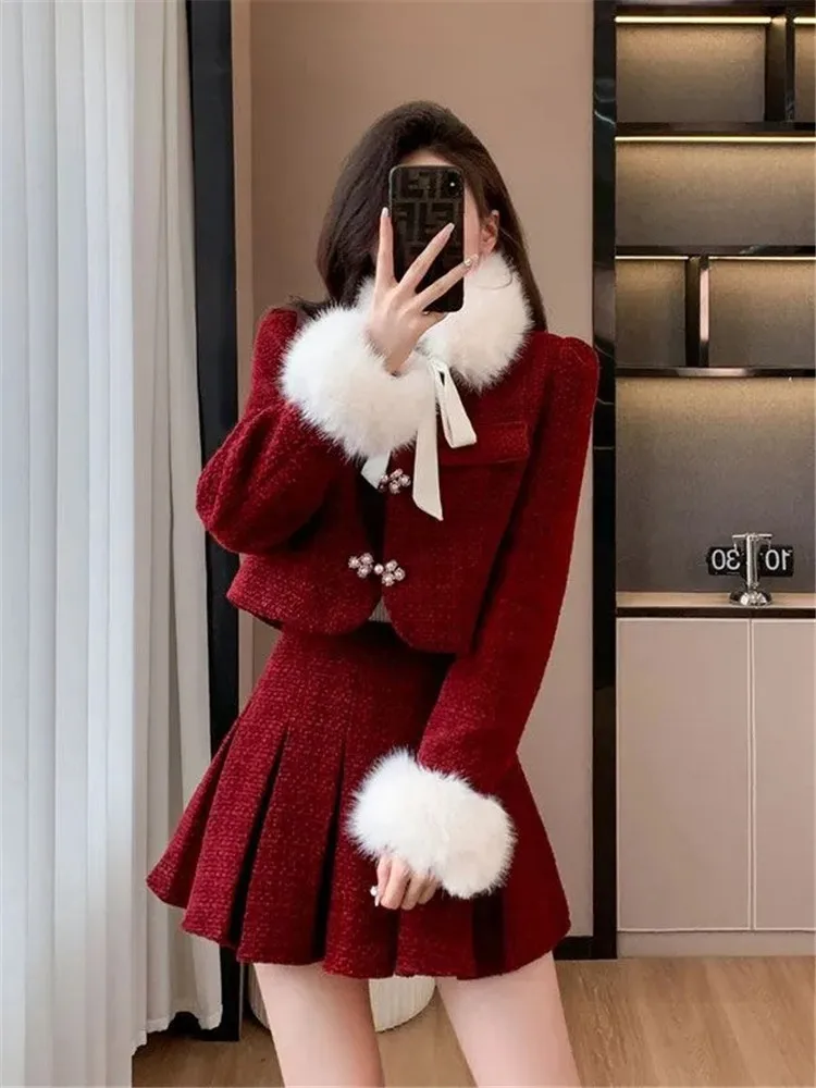 New Red Chic Two-Piece Set for Winter - Trendy Vintage-Inspired High-End Modern Chinese Style Dress Outfit  Suits High Quality