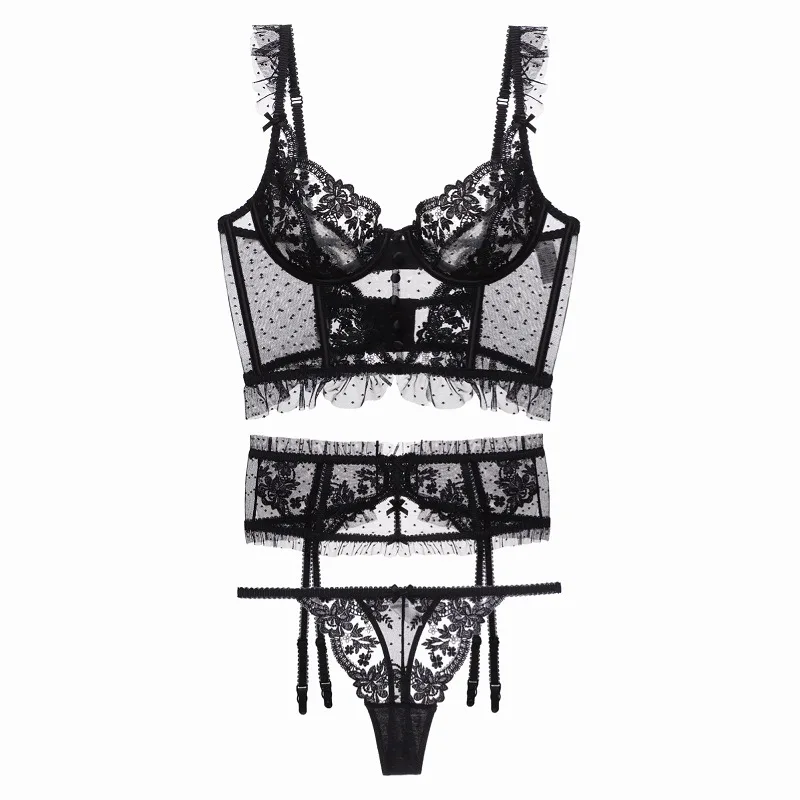 

French sexy lingerie set 3-piece ultra-thin embroidered lace breathable belt steel ring gathers and collects breast bra and pant