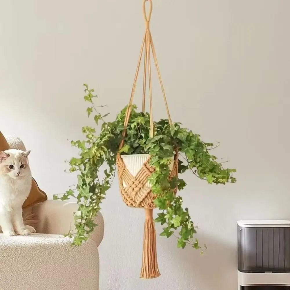 Boho Plant Hanger with Net Pouch Cotton Rope Woven Hanging Basket Macrame Flower Pot for Indoor Outdoor Hanging Succulents