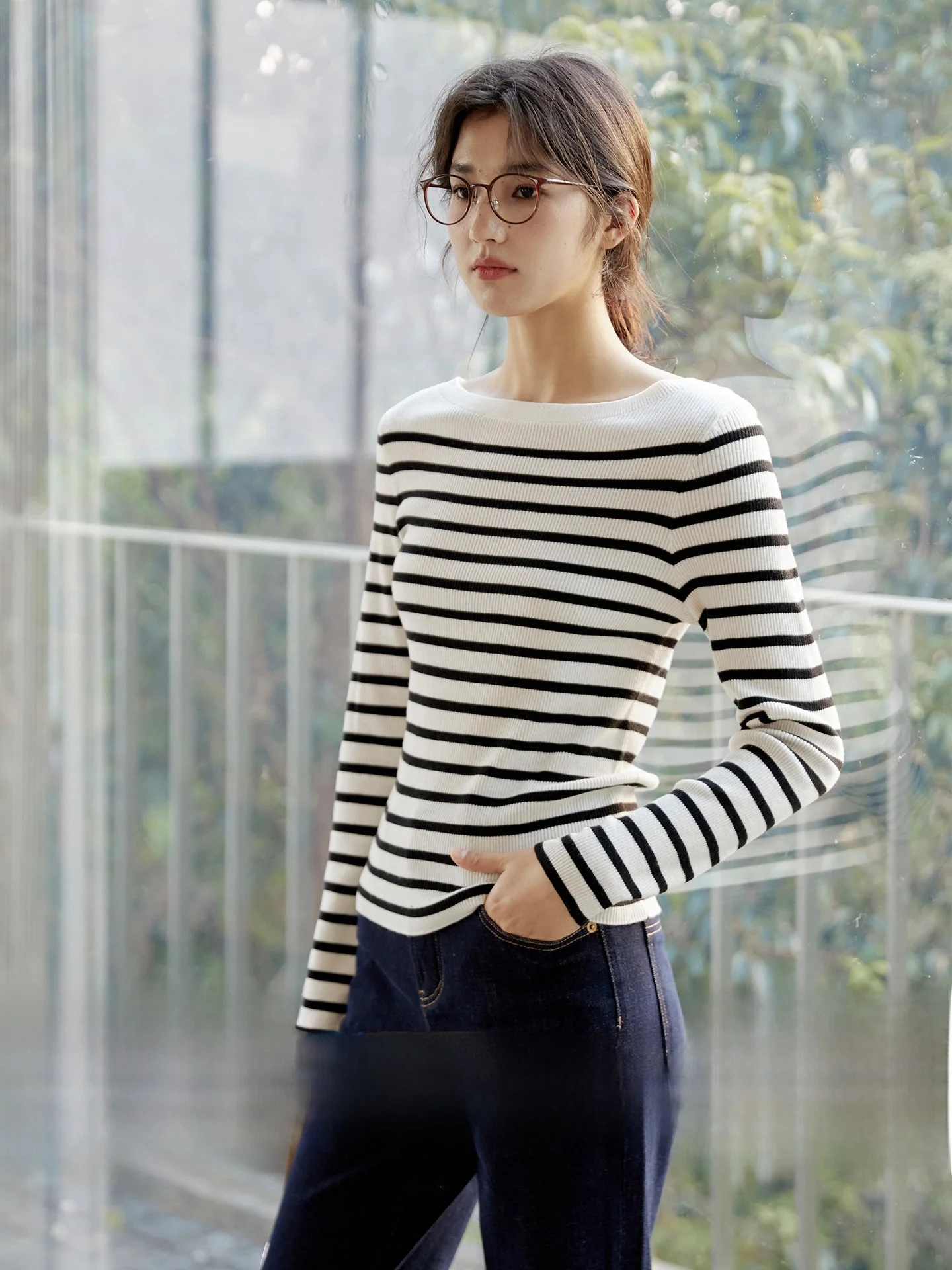 

GINNKEE Wool Blend Striped Knitted Sweater Crew Ne Pullover Soft French Sle Slim Fit Casual Long Sve Women's Top