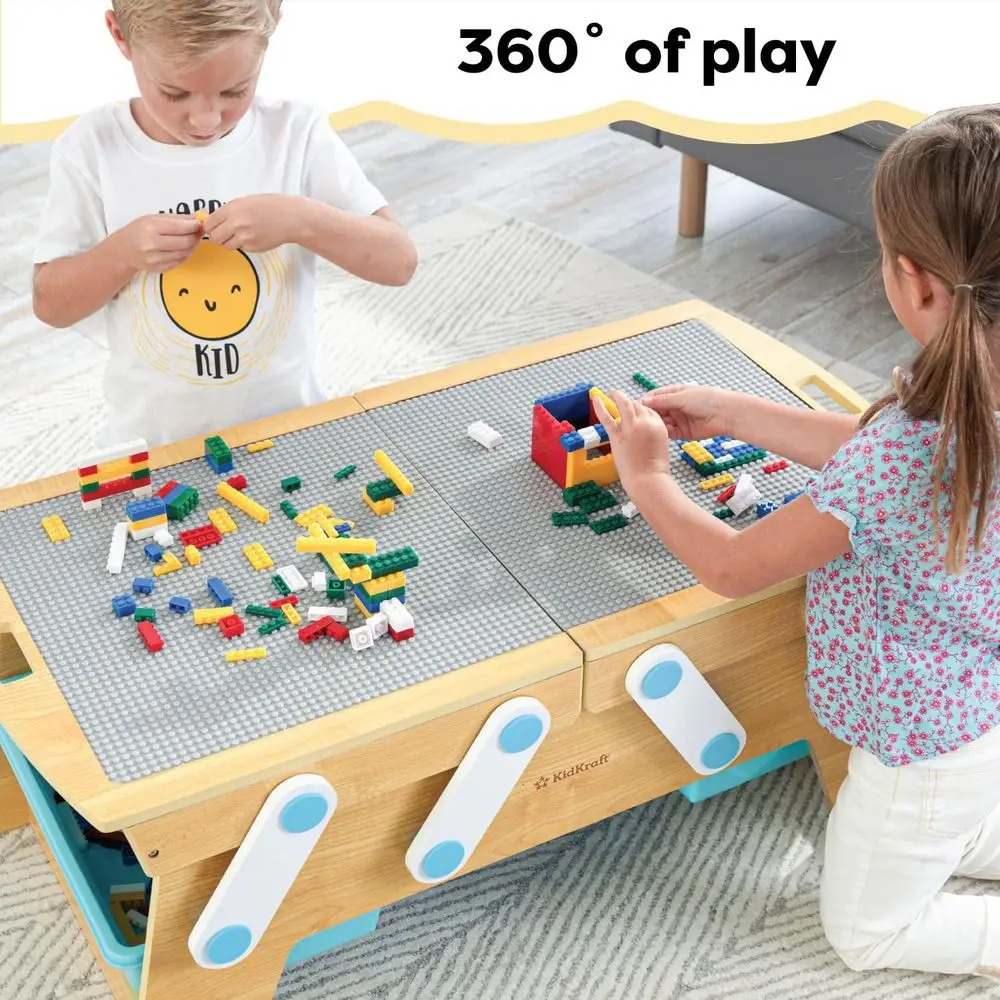 Natural Wooden Play Table with Storage Bins and Over 200 Building Blocks for Kids Ages 3+