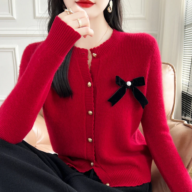 

Autumn and Winter 100% Pure Wool Cardigan Women's Round Neck Short Knit Jacket Fashion Bow Loose Tops Joker Warm Bottoming Shirt
