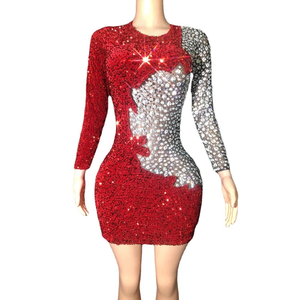 Sparkly Rhinestones Red Rhinestones Short Dress Sexy Mesh Transparent Evening Prom Celebrate Birthday Dress Show Stage Wear