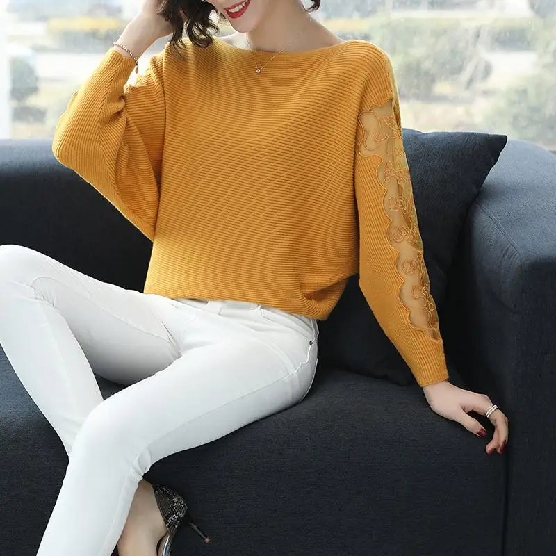 Autumn Bottoming Shirt Office Lady Patchwork Solid Color Slash Neck Batwing Sleeve Pullovers Ladies Elegant Lace Loose Sweater