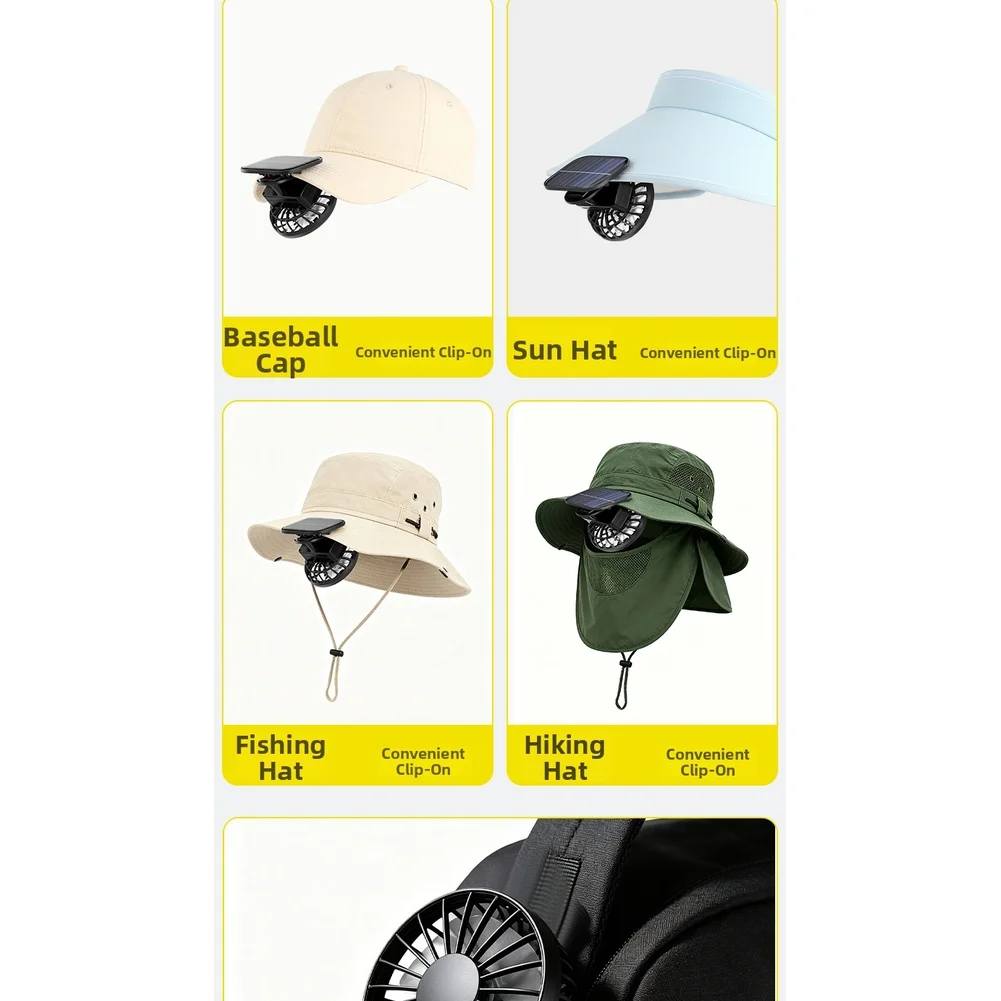 Clip on For Hat Fan Solar and USB Powered Portable Cooling Fan for Outdoor Use Fishing Camping Hiking 7.5x6.5x8.5cm Black
