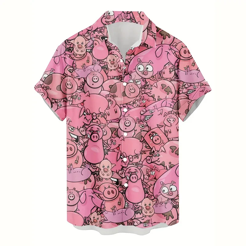 Koszula hawajska męska z nadrukiem 3D zwierząt, kota, psa, świnki, krótki rękaw, nowy wzór, letnia koszula plażowa z kołnierzykiem i guzikami