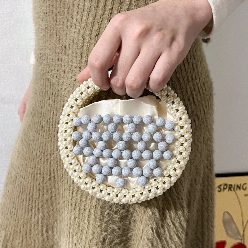 Retro creative round marble patterned bead handbag, new mini mouth red envelope hollow round bag, mobile phone bag