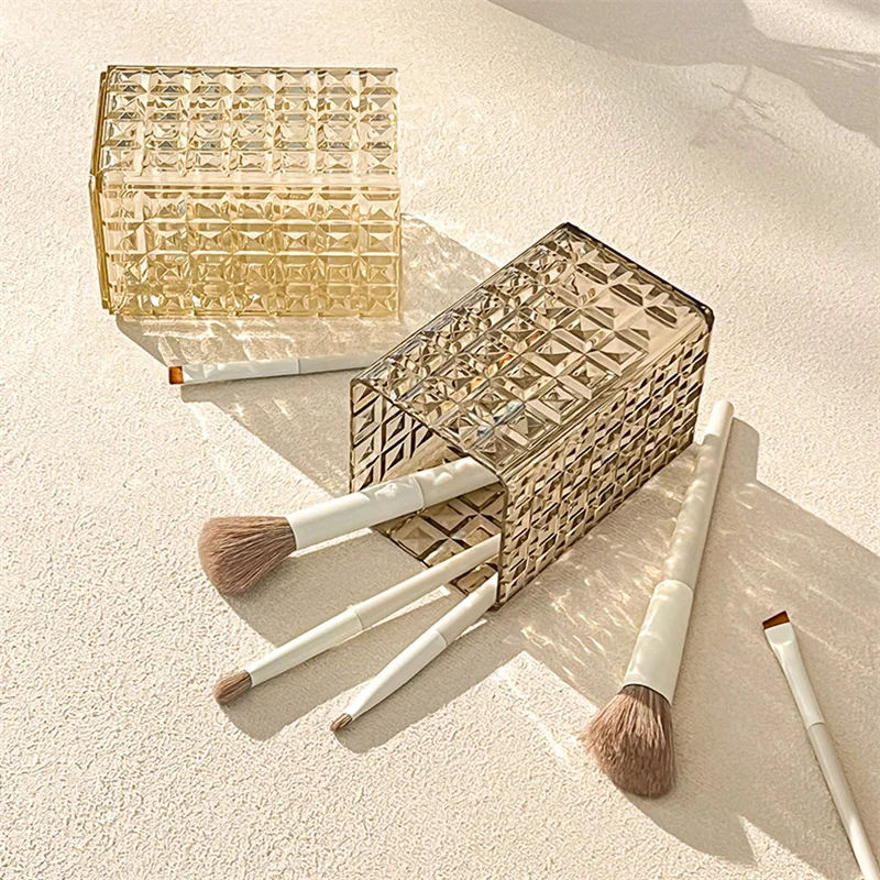 صندوق تخزين فرش المكياج، صندوق تخزين فرش التجميل المكتبي الشفاف، منظم فرش المكياج، حامل أشتات مكياج أحمر الشفاه