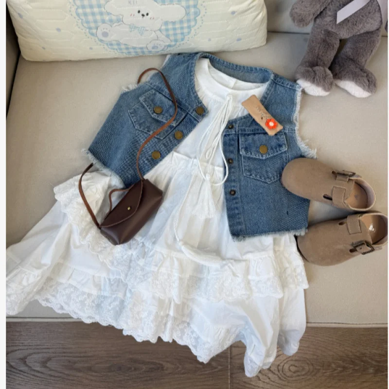 

Girls' Dress Set Summer New Fashionable Thin Denim Vest Princess Dress Two-Piece Set for Children26026
