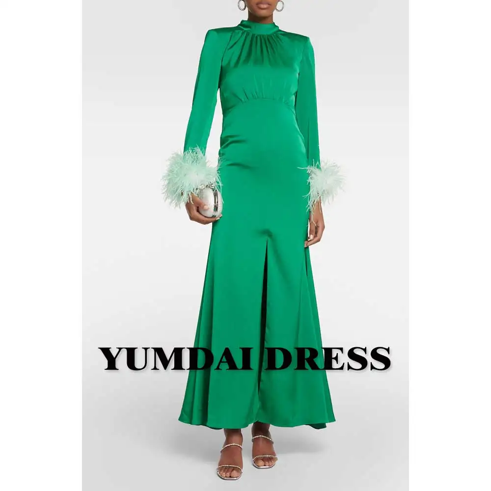 YUMDAI Saudi Luxury Green Feather Long Sleeve Satin Evening Gown 2024 Women's Special Occasion Homecoming Party Dress