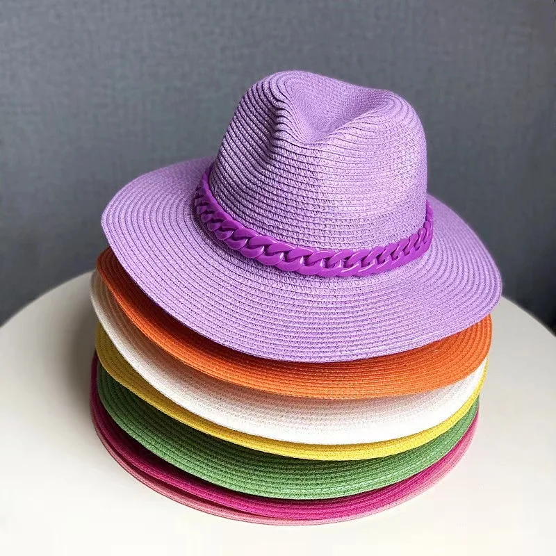 2022 summer sun hat new macaron color acrylic chain accessories sun hat outdoor straw hat sunscreen beach hat