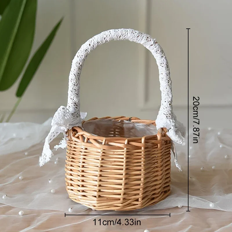 Hand-woven Rattan Flower Basket Wedding Ceremony Flower Storage Basket With Lace Bow Flower Girl Baskets Party Wedding Supplies