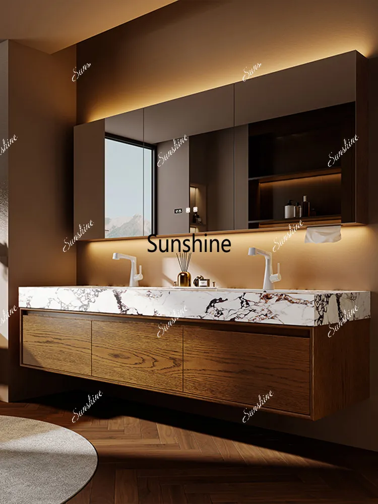 Medieval style bathroom cabinet combination rock slab hot bending integrated washing table