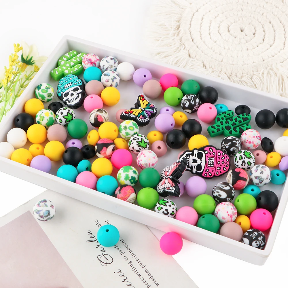 34Pcs/set Silicone Beads Kit Silicone Round Bead Focal Bead DIY KeyChain Bracelet Necklace Jewelry Accessories