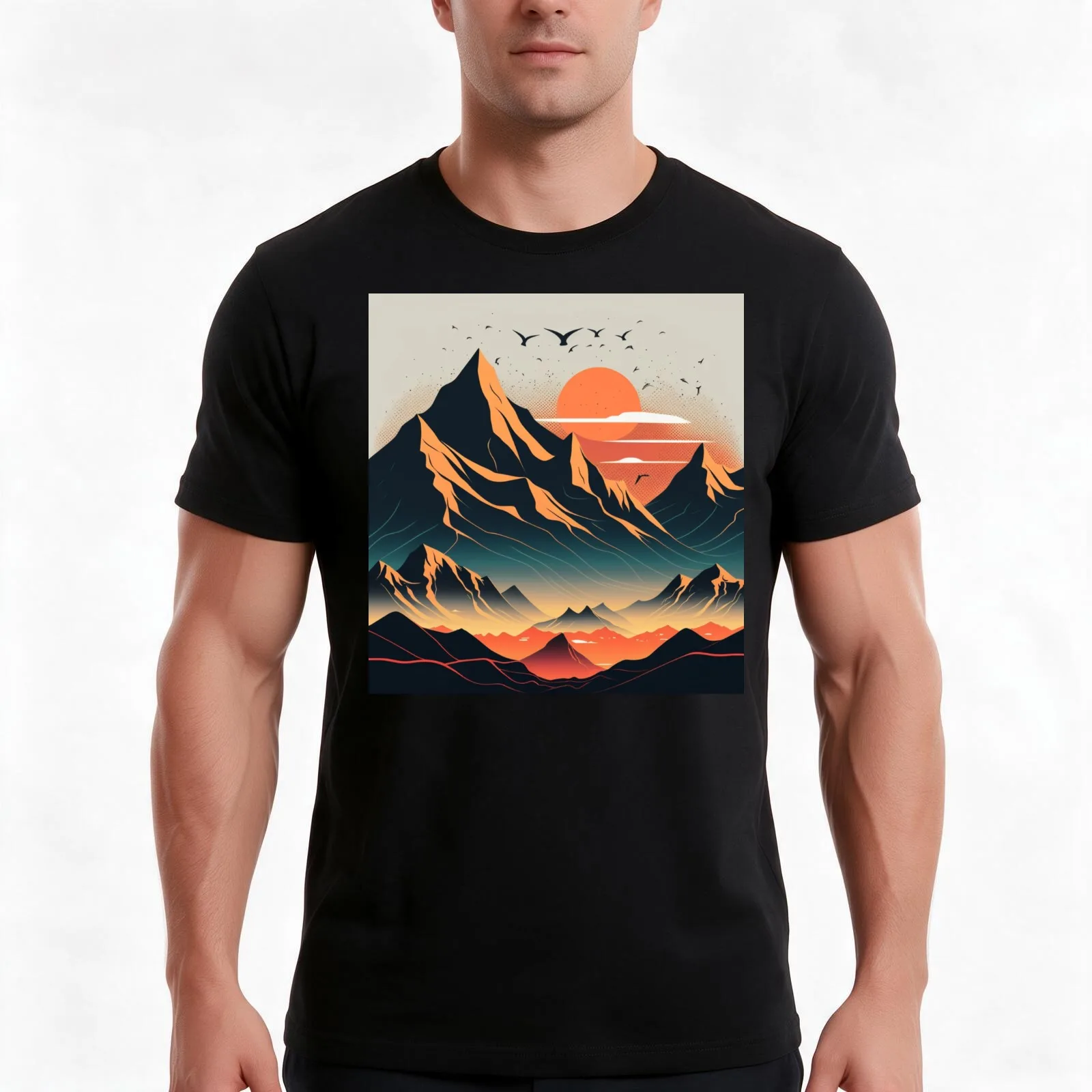 Retro Futuristic Mountain T-Shirt, Summer Casual Cotton Tee, Oversized Streetwear Tops, Vintage Graphic Print, Unisex Men Women
