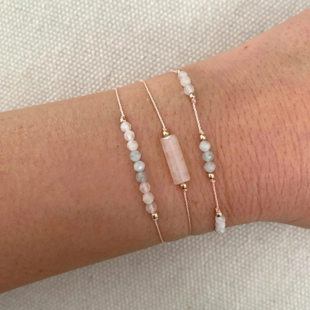 

3PCDainty Handmade Beaded Jewelry with Crystal Gold Plated Beads Boho Minimalist Adjustable Pink String Bracelet for Women Gifts
