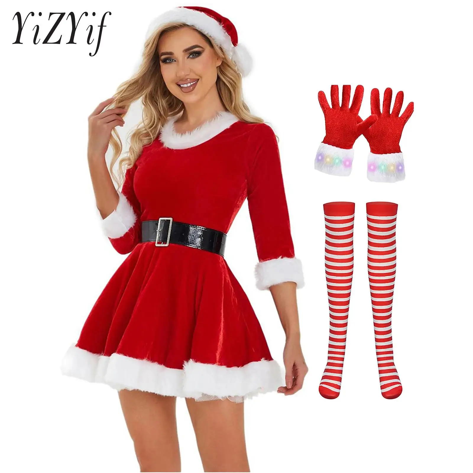 5PCS Women Christmas Costume Round Neck White Plush Trim A-Line Pleated Dress with Hat Belt Striped Stockings And Gloves Sets