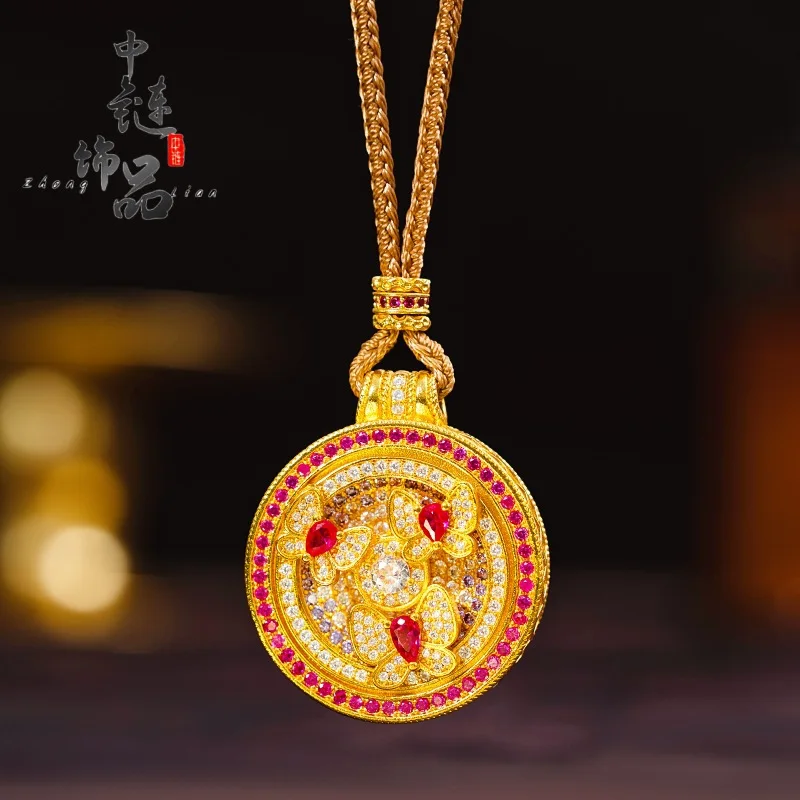 Luxury 9999 24K Solid gold certifid ancient method diamond garden butterfly compass pendant rotating compass pendant for women