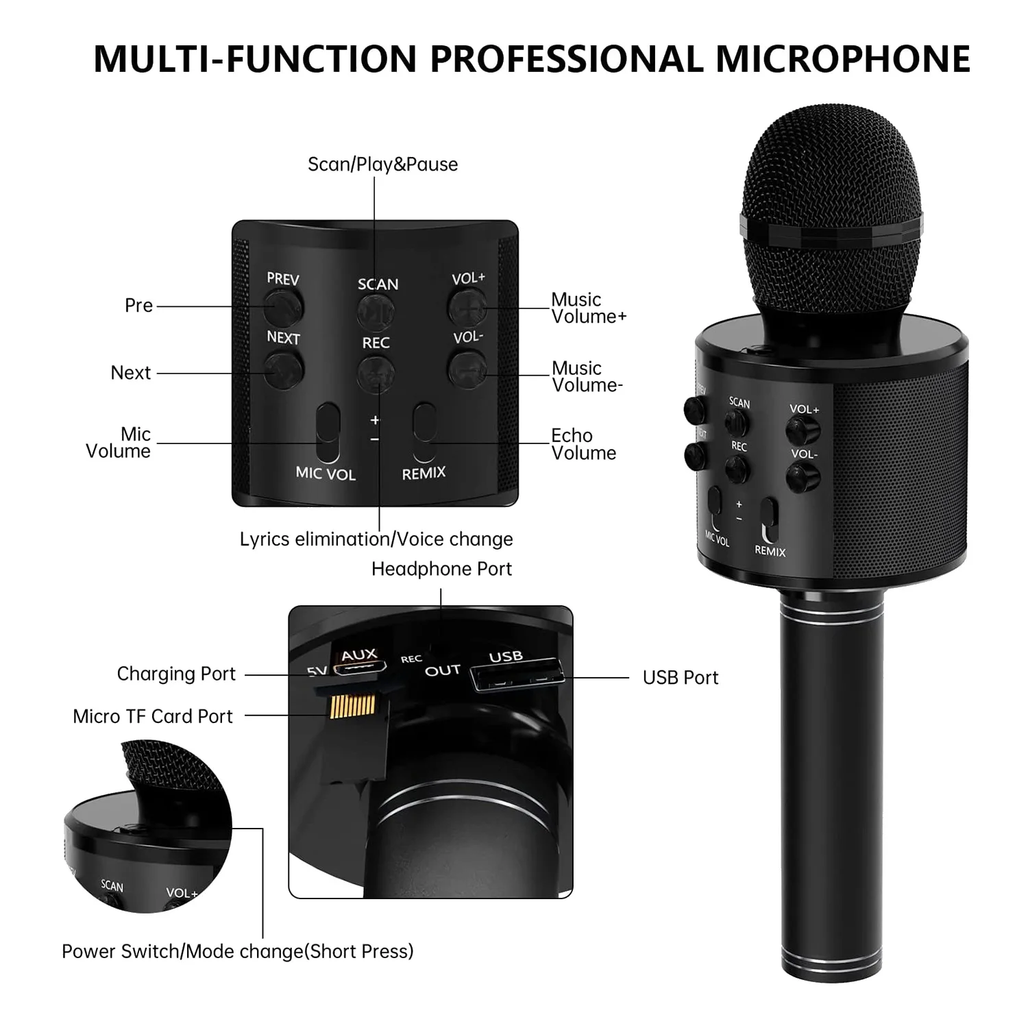 ميكروفون كاريوكي بلوتوث للأطفال ، محمول ، محمول باليد ، لاسلكي ، أسود ، حفلة عيد ميلاد ، هدية للأولاد والبنات