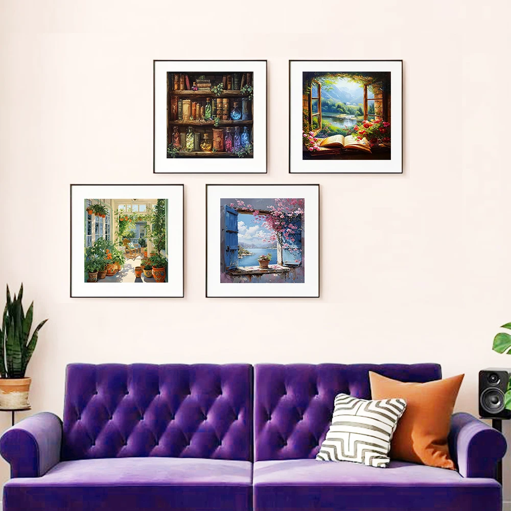 Huacan Diamond Painting Landscape Window Kit Full Embroidery Flower Wall Decorative Rhinestone Pictures For Home