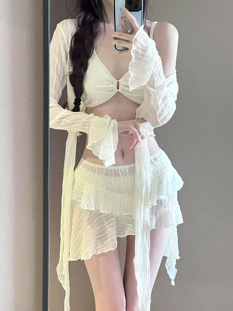 2025 maiô feminino malha manga longa frente gravata cobrir saia 4 peça conjuntos de biquinis praia maiô férias coreano