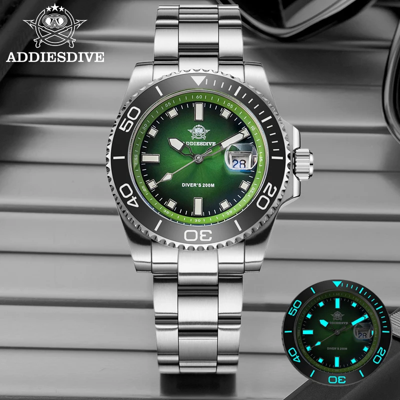 ADDIESDIVE New Men's Dive Watch 200m Waterproof Japanese Quartz Enamel Dial Ceramic Bezel Luminous Hands Stainless Steel Strap