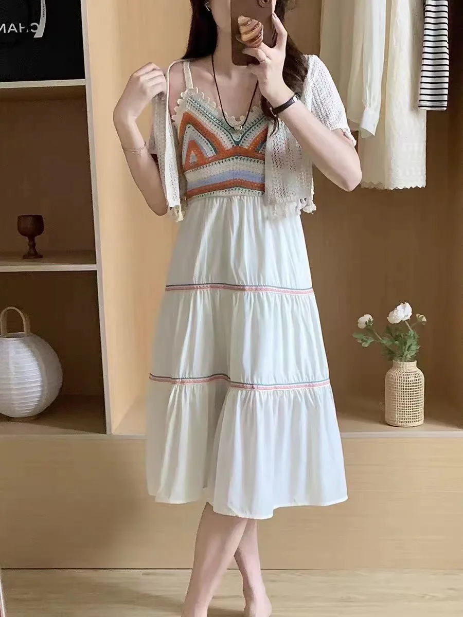 

Summer Dress 2024 New Retro Ethnic Style Design V-neck Knitted Dress Collocation White Chiffon Cardigan Two-Piece Sets Vestidos