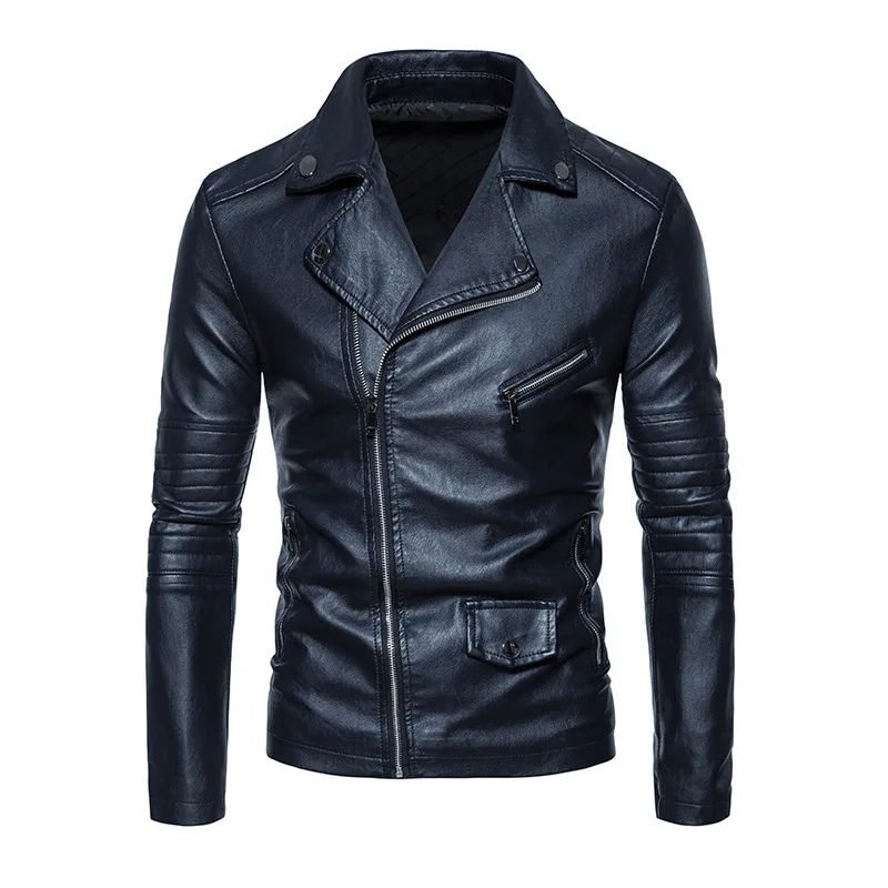 

2025 New Fashion Autumn Winter Men's Turn-down Collar Asymmetrical Zipper Casual Trendy Simple Basic Loose Faux Leather Coats