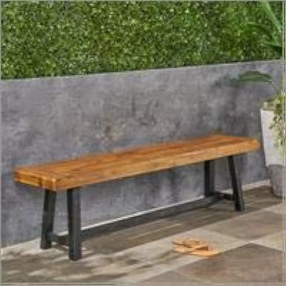 Christopher Knight Home Toby Outdoor Acacia Wood Bench, Sandblast Teak Finish and Black，Durable and Durable, Handcrafted Details