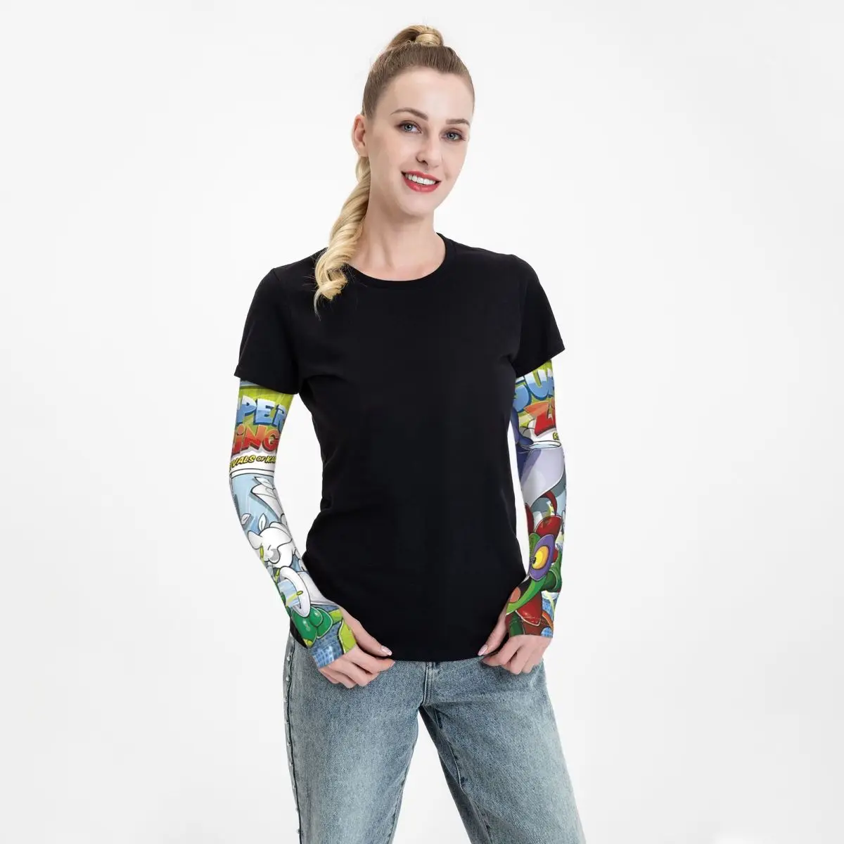 سوبر زينجز Superthings الكرتون في الهواء الطلق أكمام أذرع تبريد الشمس الأشعة فوق البنفسجية غطاء للحماية الصيف الحرير الجليد ركوب الدراجات أكمام الوشم #2