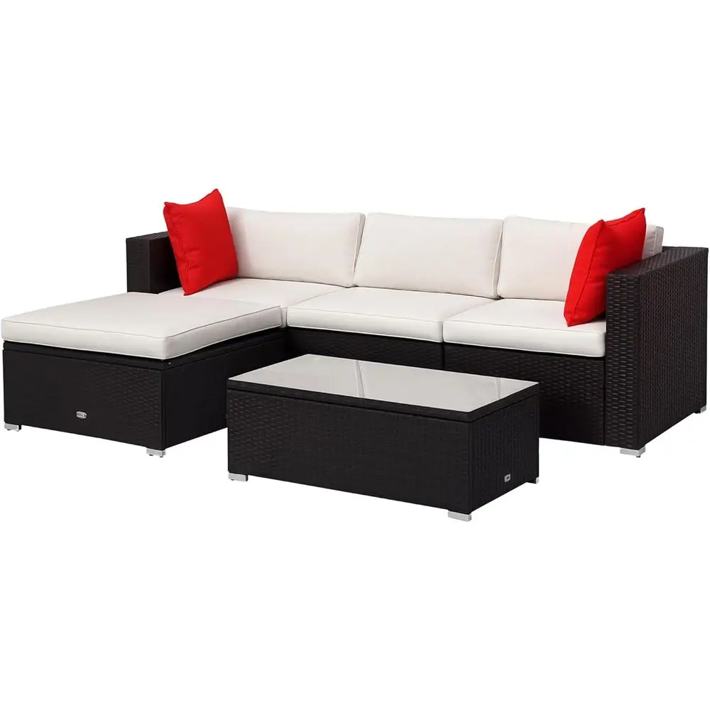 

5-Piece Outdoor Sectional Sofa Set with Cushions, PE Rattan Wicker, Glass Coffee Table, Brown/Cream White