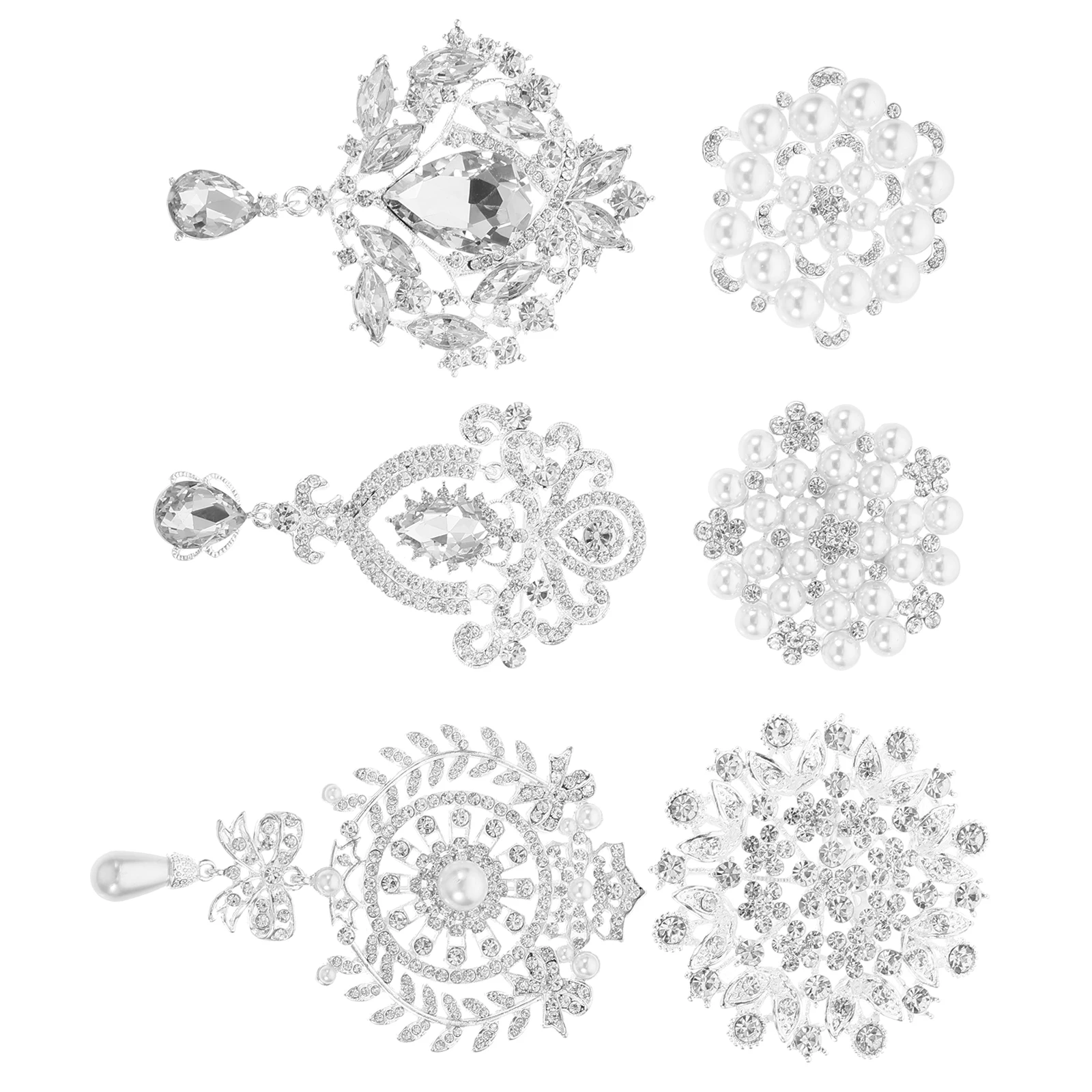 

6 Pcs Alloy Brooch Rhinestone Decoration Pearl Lapel Pin Women Crystal Elegant Silver Brooches Corsage Bridesmaid