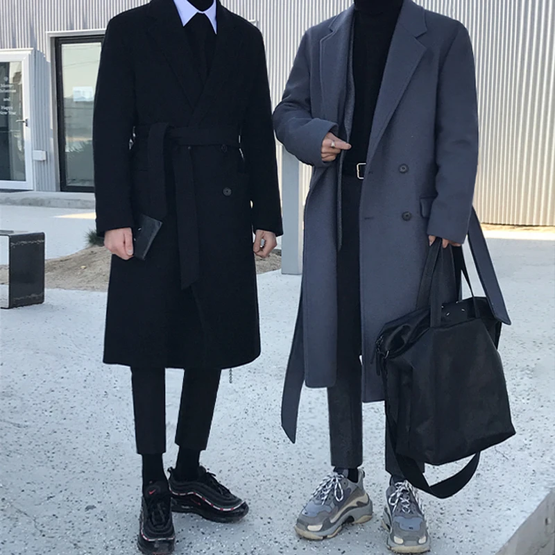 

Korean Winter Woolen Overcoats Men's Long Style Trend Handsome Over Knee Thickening Medium Length Grey Coats with Belt Y23