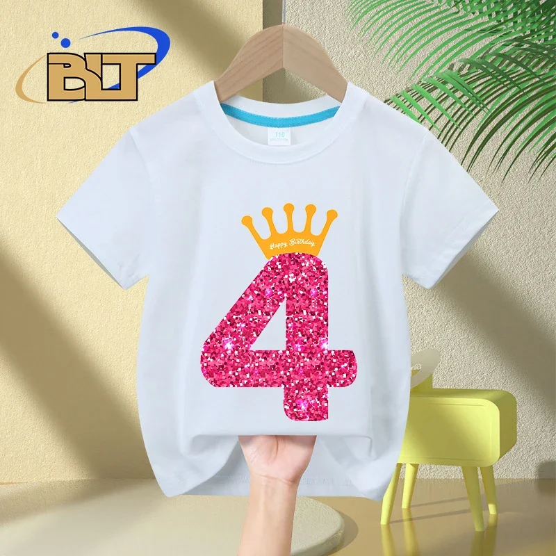 Happy Birthday Girls 4th Birthday Party Kids T-shirt Summer Children's Cotton Short Sleeve Casual Tops