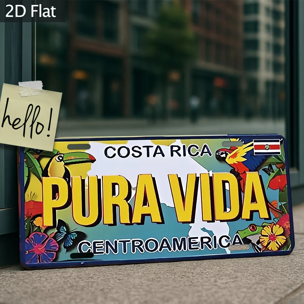 Costa Rica Pura Vida Tropical Wildlife Themed Aluminum Metal Sign 2D Flat Printing Retro License Plate Style Wall Decor for Home